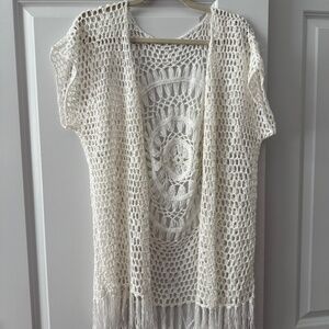 Women’s L Boho Crochet Knit Open Front Cardigan Topper Festival Beach Fringe